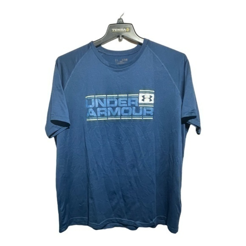 Under Armour Mens Performance Heat Gear Blue T-Shirt Blue Spell-out Size XL